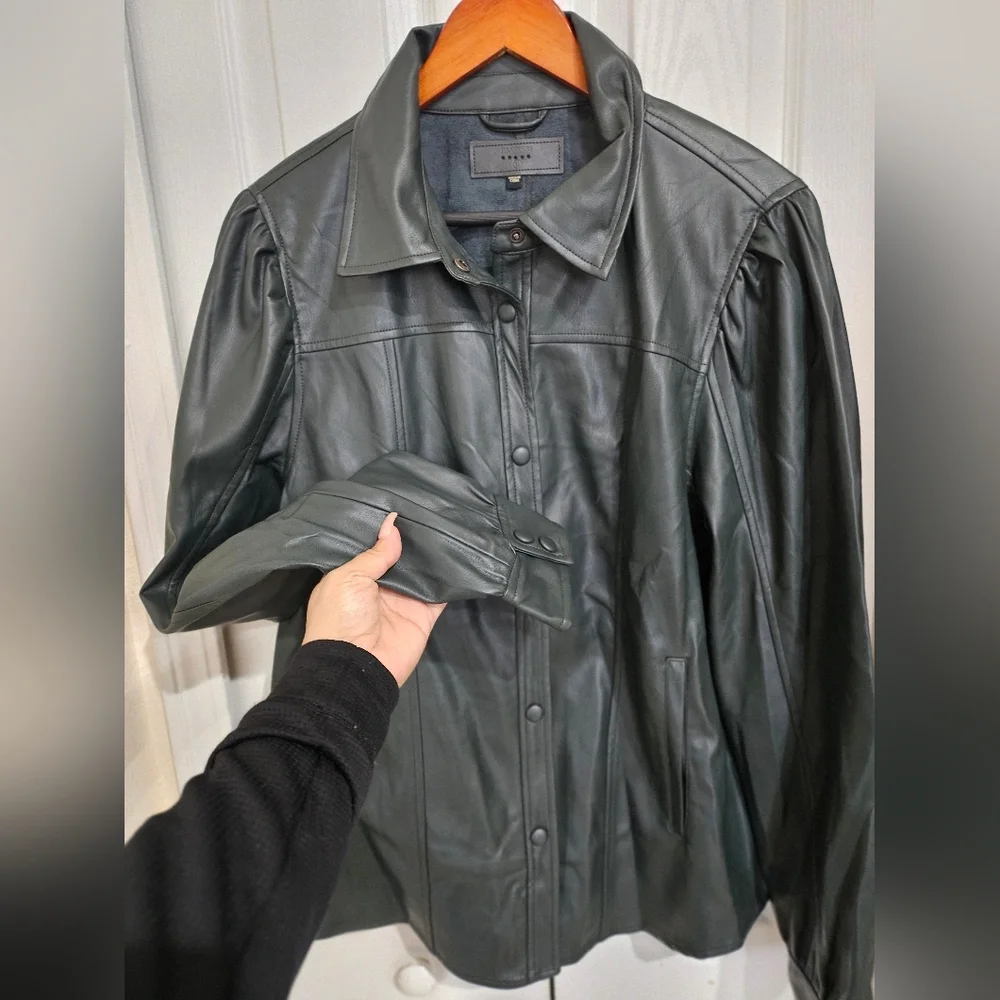 Women’s Dark Green Faux Leather Button-Front Jacket